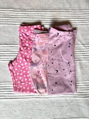 Girls Pink Patterned Leggings Trio - Hearts, Rainbows & Moon Print (6)